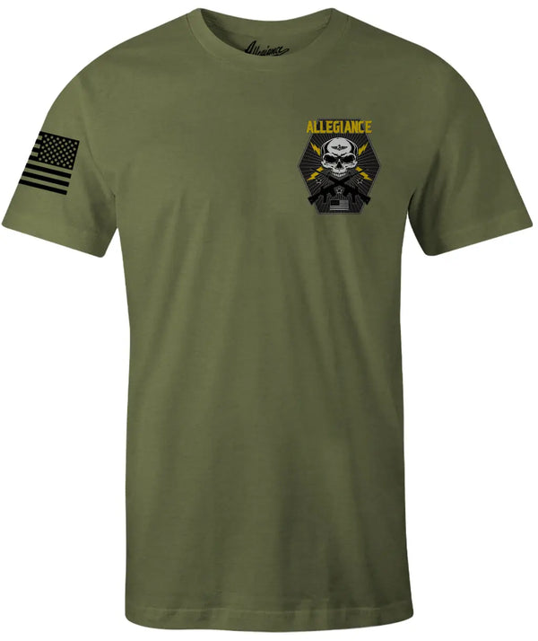 Front of Bolt Premium Tee in OD Green featuring small skull and lightning bolt chest graphic with American flag on the sleeve.