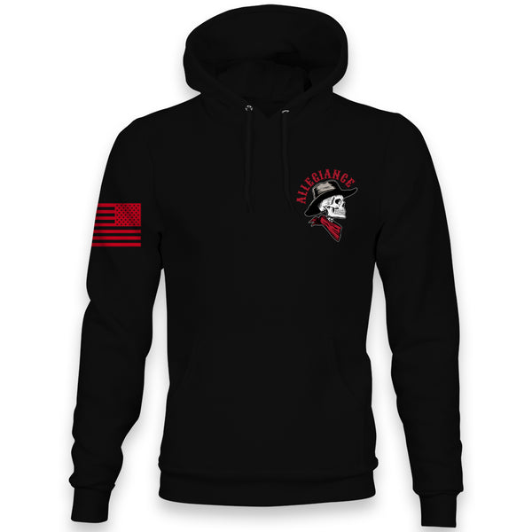 Front view of Allegiance Cowboy Hoodie with small chest skeleton cowboy design