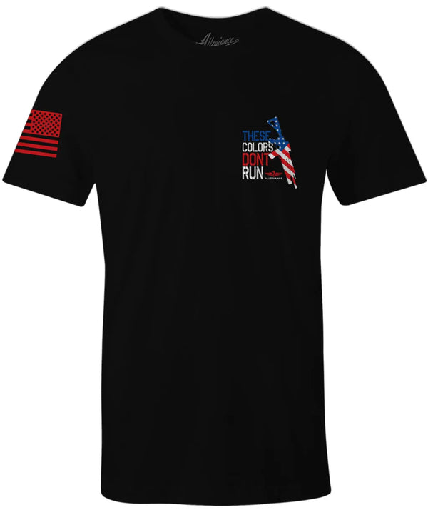 Front view of Allegiance Donât Run Back Hit Tee in black with small chest logo - Allegiance Clothing