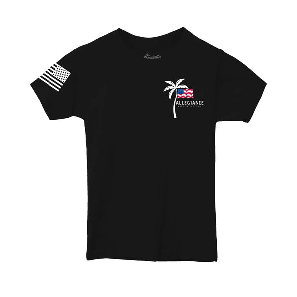 Black Vibe Toddler Tee front with palm tree and American flag design from Allegiance Clothing Black Vibe Toddler Tee back with "Allegiance" logo and "Made in the USA" text from Allegiance Clothing