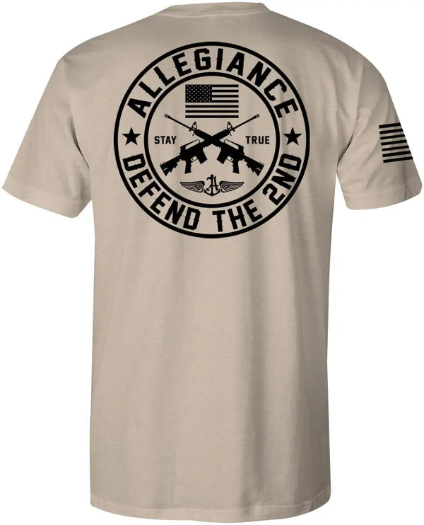 Back of Defend The 2nd Premium Tee in Sand showing bold Defend The 2nd graphic across back