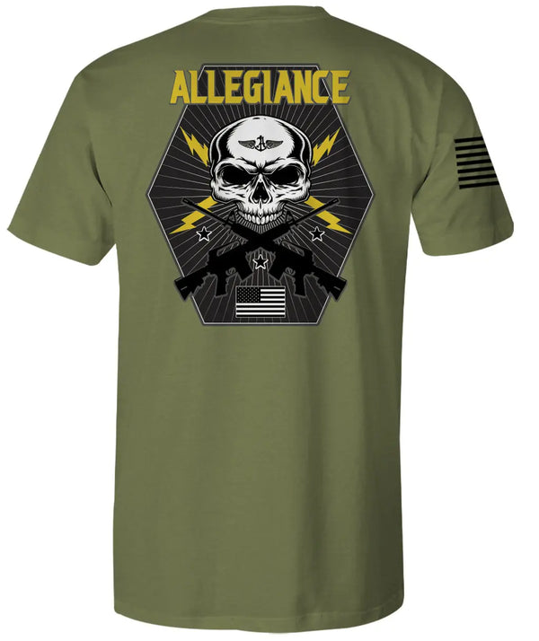 Back of Bolt Premium Tee in OD Green showcasing large skull graphic with lightning bolts, crossed rifles, and "Allegiance" text.