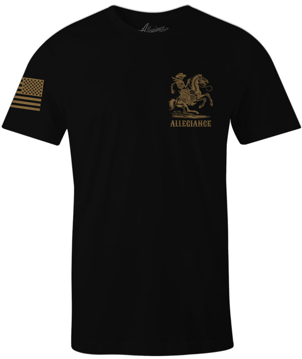 Front of Dead Cowboy Graphic Tee in black featuring small skeleton cowboy graphic and American flag sleeve print.