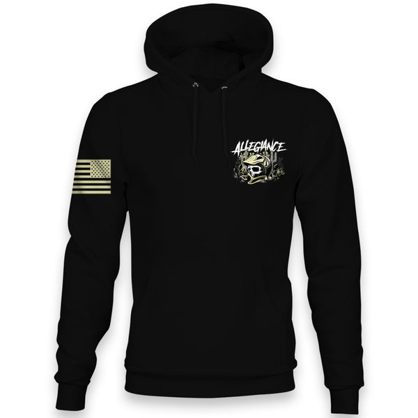 Front view of Allegiance Desert Skull Hoodie with small chest desert skull design.