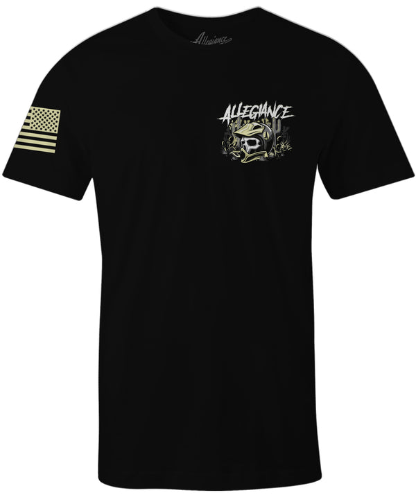 Front of Desert Skull Tee in black with small chest graphic and American flag sleeve print