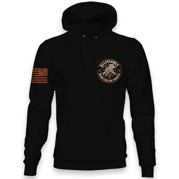 Black hoodie with Blue Collar Forged artwork and American flag sleeve