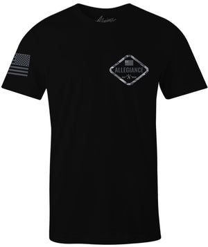 Front of Hex Camo Tee in Black with small chest graphic and American flag sleeve print