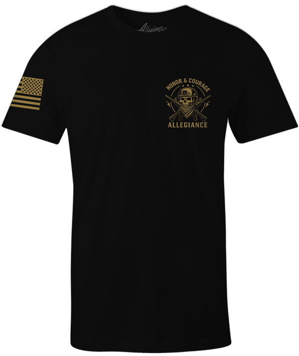 Allegiance Honor & Courage Tee front view featuring tactical skull emblem with crossed rifles and sleeve American flag
