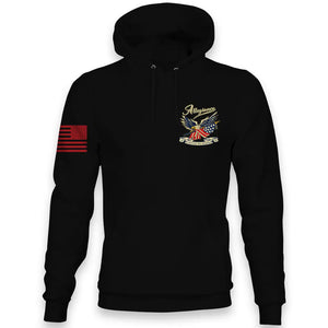 “Front view of Allegiance Loyalty Hoodie with small chest eagle and flag design