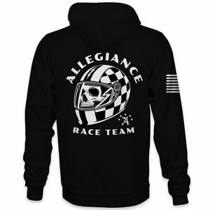 Back view of Allegiance Race Team Hoodie with skull racing helmet and checkered flag graphic