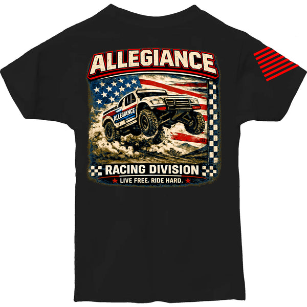 Allegiance Racing Division Youth Tee black back with off-road race truck graphic, distressed American flag, and Racing Division artwork