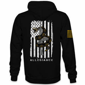 Back view of Allegiance Rattler Hoodie with rattlesnake rifle and distressed American flag graphic