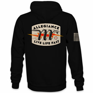 Back view of Allegiance Snake Bite Hoodie with coiled snake and Live Life Fast graphic