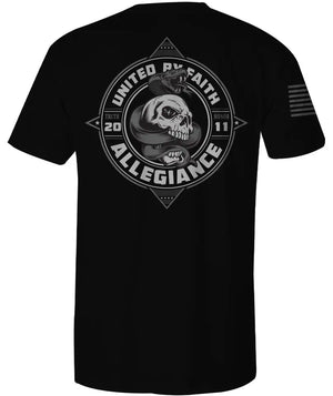 Back of Serpent Tee in black showcasing large serpent coiled around a skull symbolizing power and unity.